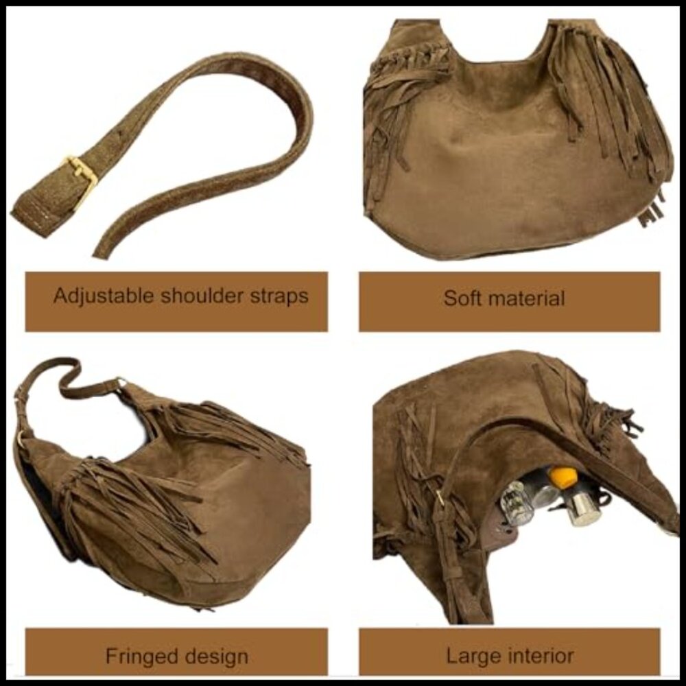 Brown Suede Hobo Purse Vintage Y2K Crossbody Shoulder Bag Fringe Tote - Picture 3 of 7
